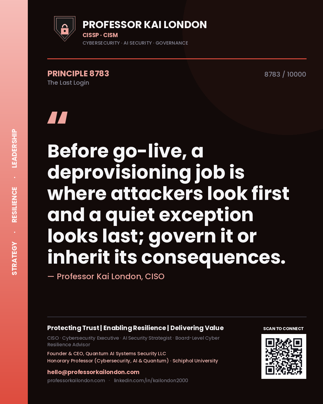 Professor Kai London principle 8783: Before go-live, a deprovisioning job is where attackers look first and a quiet exception looks last; govern it or inherit its consequences.