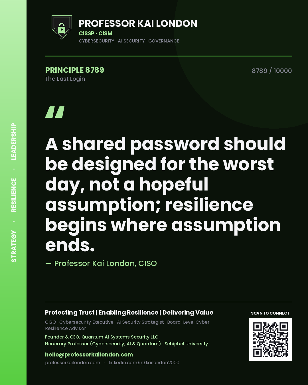 Professor Kai London principle 8789: A shared password should be designed for the worst day, not a hopeful assumption; resilience begins where assumption ends.