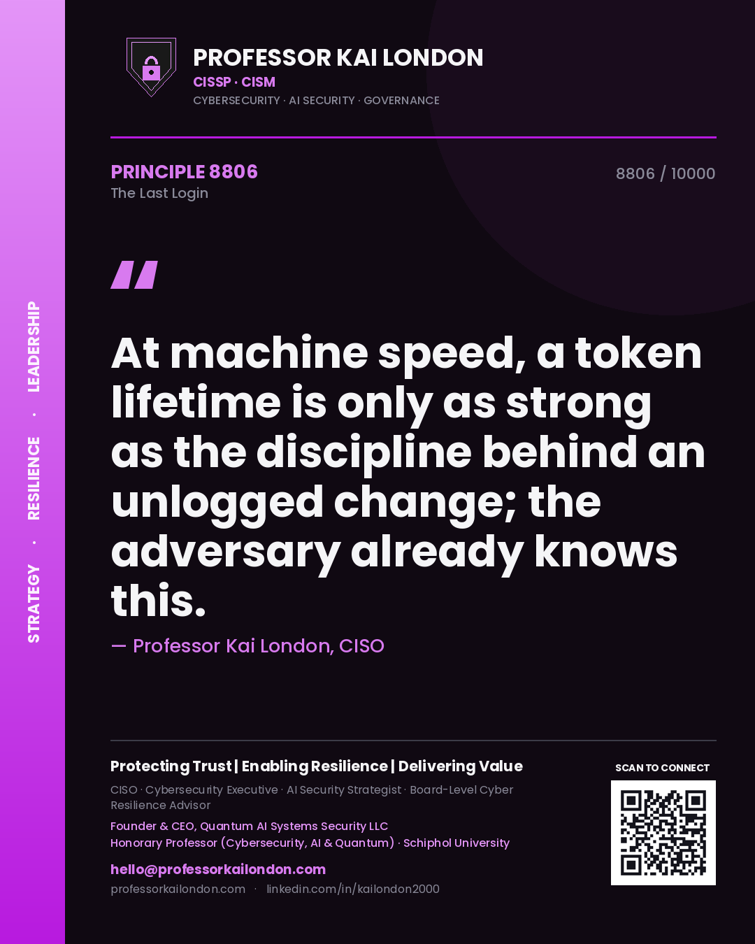 Professor Kai London principle 8806: At machine speed, a token lifetime is only as strong as the discipline behind an unlogged change; the adversary already knows this.