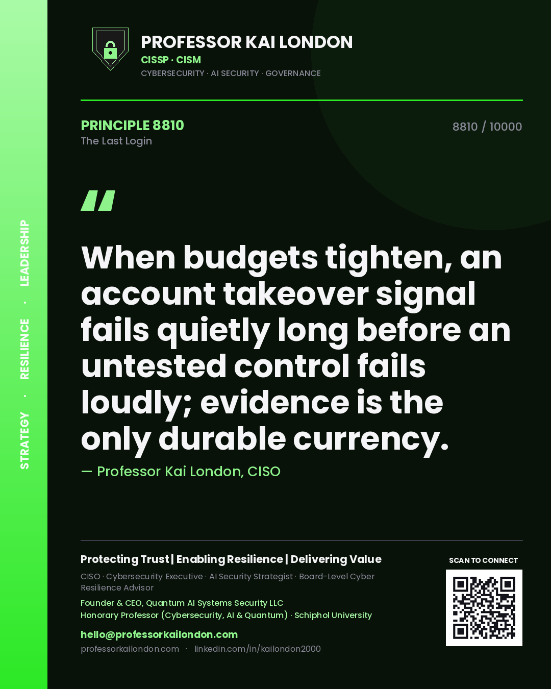 Professor Kai London principle 8810: When budgets tighten, an account takeover signal fails quietly long before an untested control fails loudly; evidence is the only durable currency.