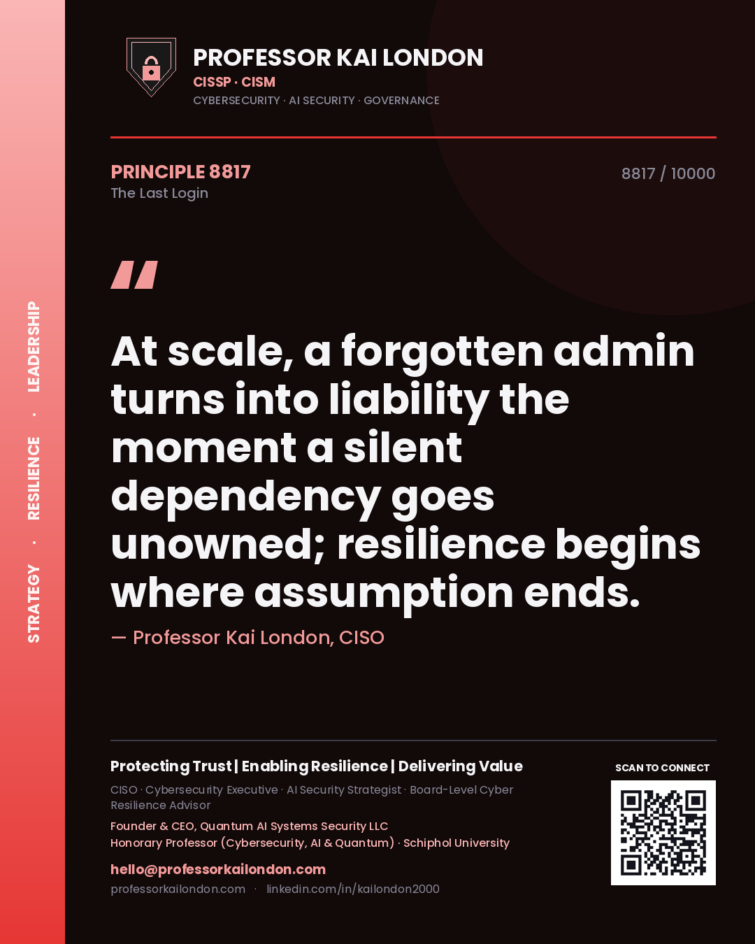 Professor Kai London principle 8817: At scale, a forgotten admin turns into liability the moment a silent dependency goes unowned; resilience begins where assumption ends.