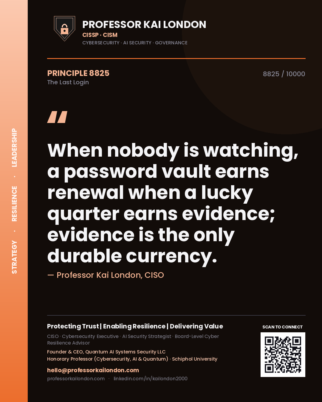 Quote card by Professor Kai London reading 'When nobody is watching, a password vault earns renewal when a lucky quarter earns evidence; evidence is the only durable currency.'. From the book The Last Login.