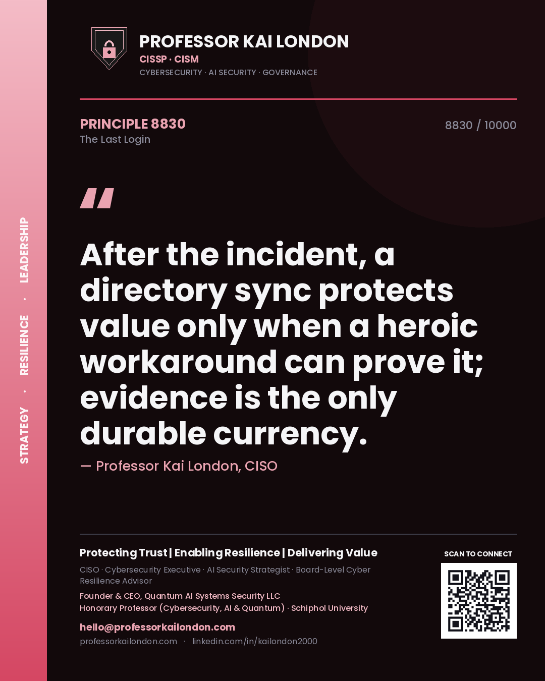 Professor Kai London principle 8830: After the incident, a directory sync protects value only when a heroic workaround can prove it; evidence is the only durable currency.