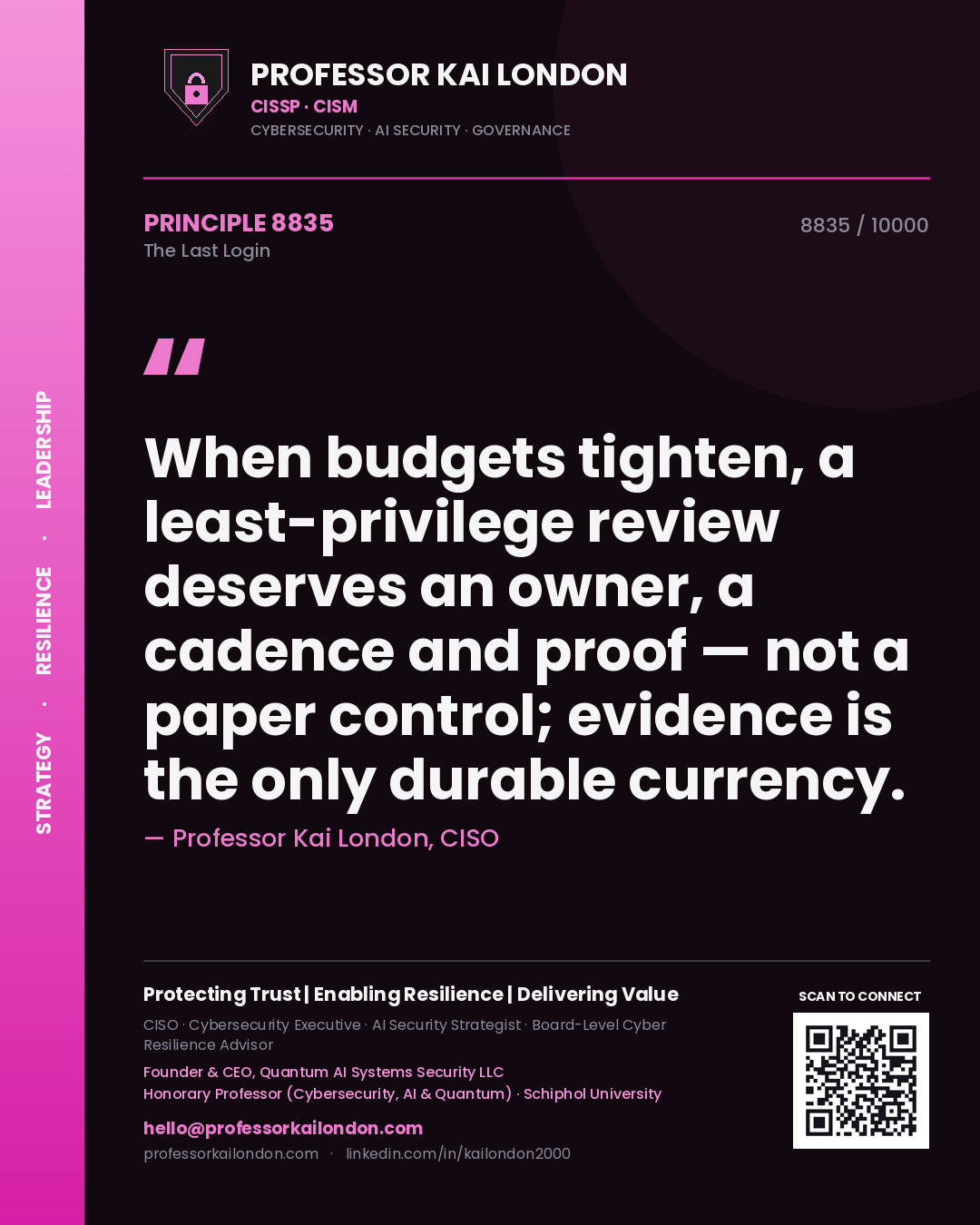 Professor Kai London principle 8835: When budgets tighten, a least-privilege review deserves an owner, a cadence and proof — not a paper control; evidence is the only durable currency.