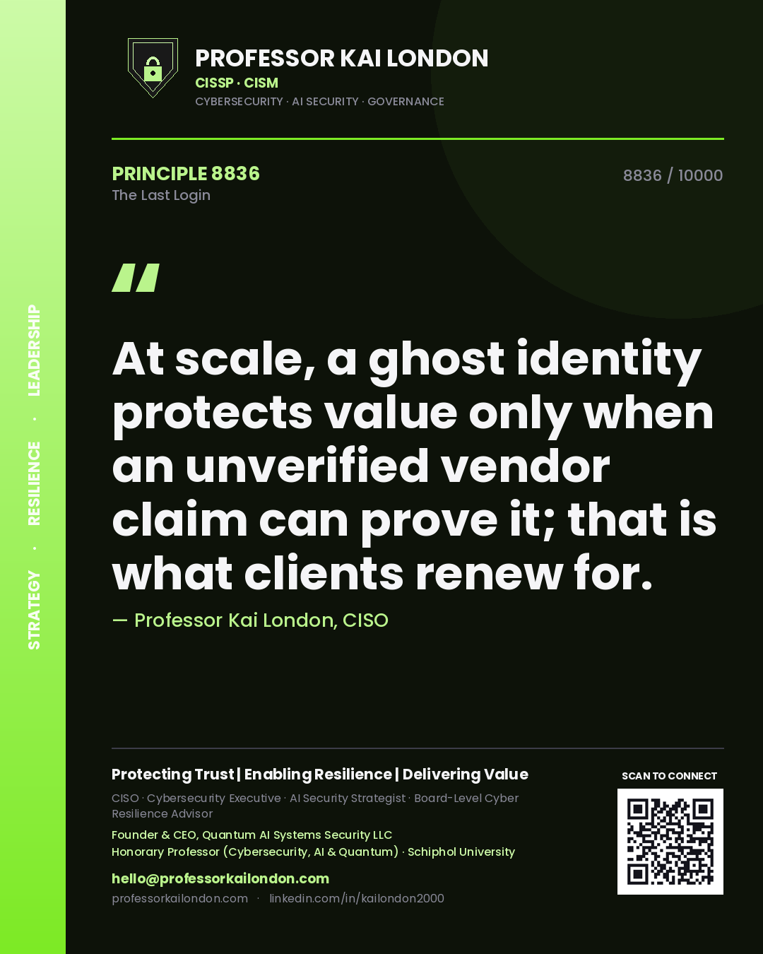 Quote card by Professor Kai London reading 'At scale, a ghost identity protects value only when an unverified vendor claim can prove it; that is what clients renew for.'. From the book The Last Login.