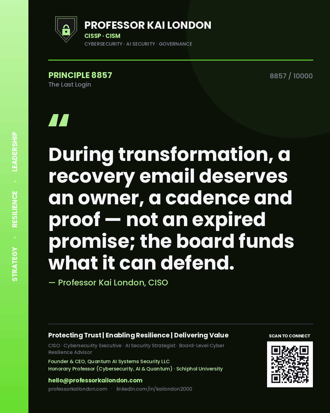 Quote card by Professor Kai London reading 'During transformation, a recovery email deserves an owner, a cadence and proof — not an expired promise; the board funds what it can defend.'. From the book The Last Login.