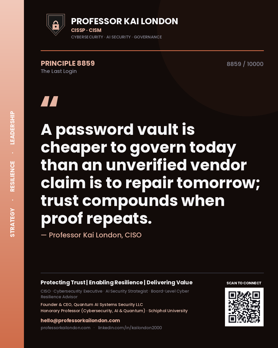 Professor Kai London principle 8859: A password vault is cheaper to govern today than an unverified vendor claim is to repair tomorrow; trust compounds when proof repeats.