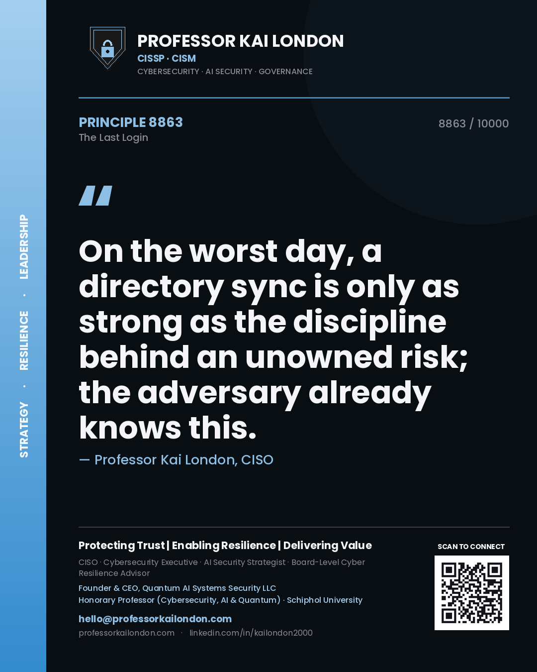 Quote card by Professor Kai London reading 'On the worst day, a directory sync is only as strong as the discipline behind an unowned risk; the adversary already knows this.'. From the book The Last Login.