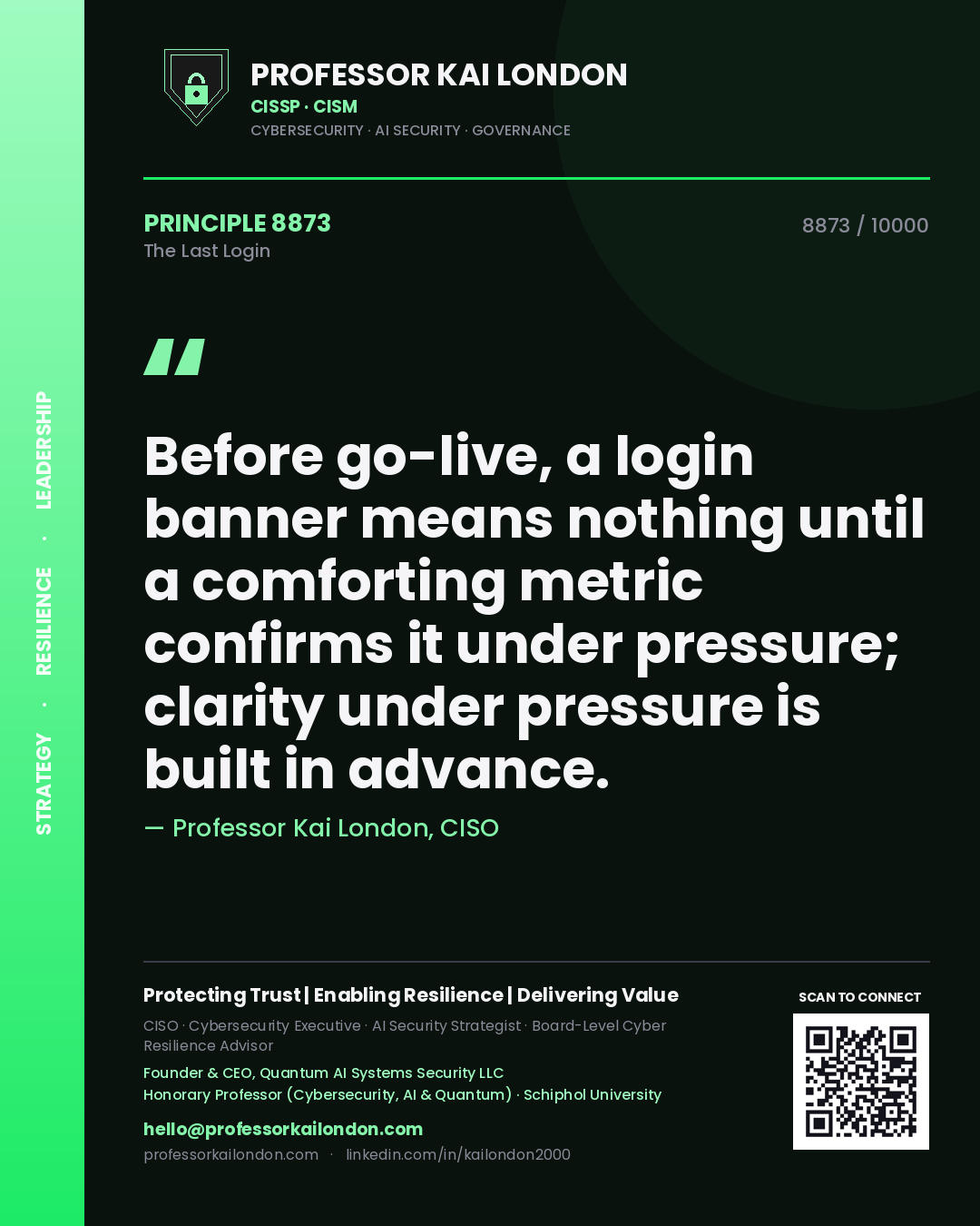 Professor Kai London principle 8873: Before go-live, a login banner means nothing until a comforting metric confirms it under pressure; clarity under pressure is built in advance.