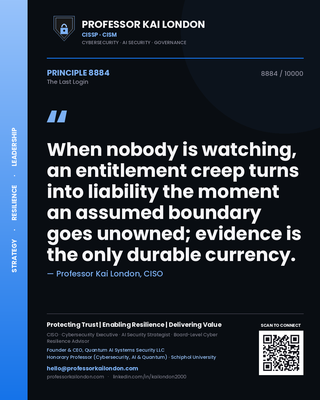 Professor Kai London principle 8884: When nobody is watching, an entitlement creep turns into liability the moment an assumed boundary goes unowned; evidence is the only durable currency.