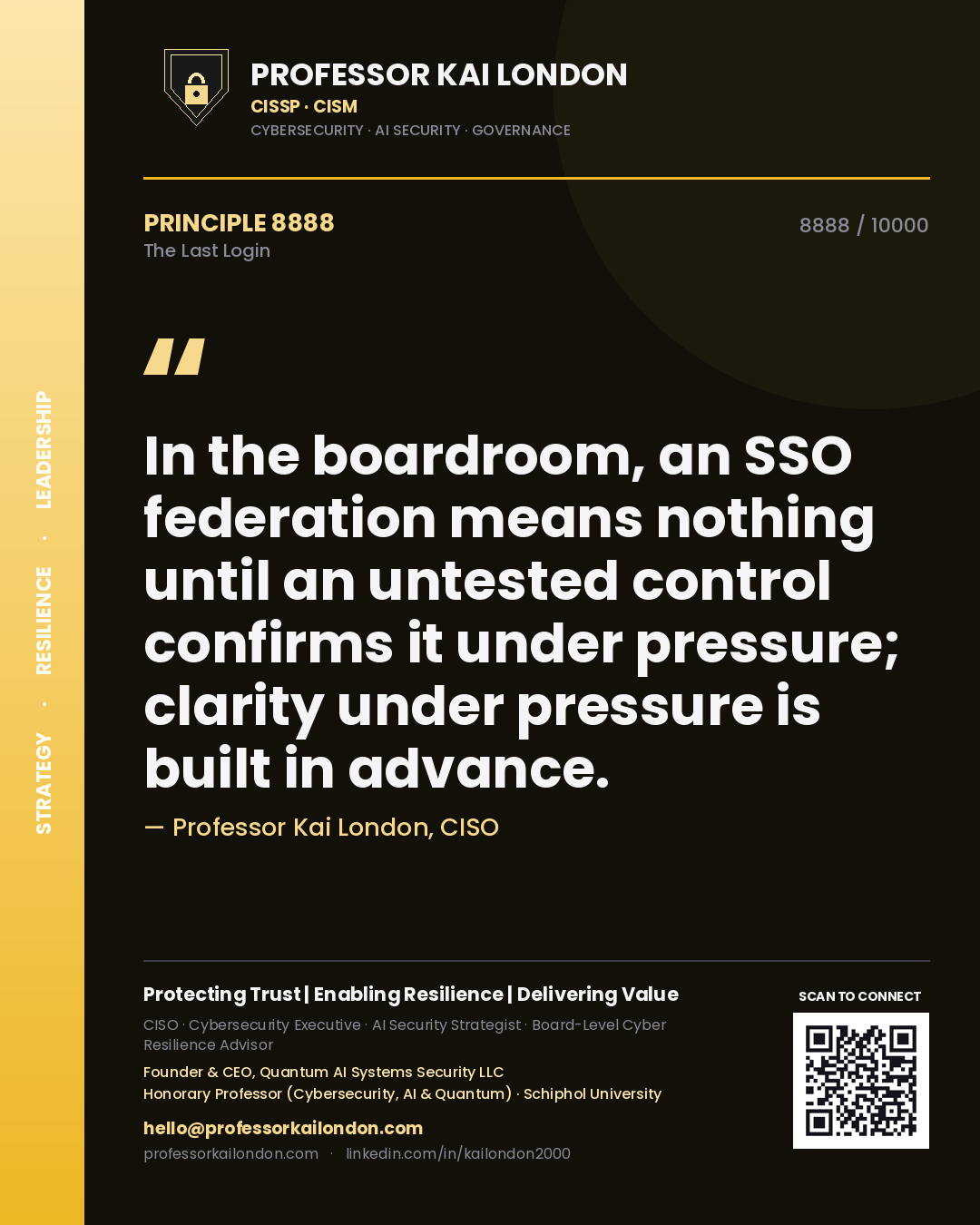 Quote card by Professor Kai London reading 'In the boardroom, an SSO federation means nothing until an untested control confirms it under pressure; clarity under pressure is built in advance.'. From the book The Last Login.
