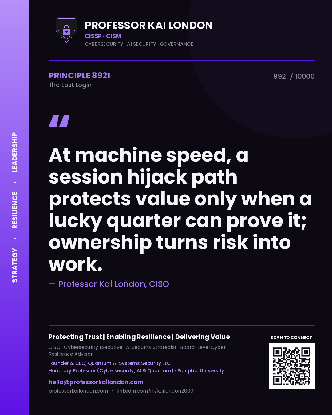 Quote card by Professor Kai London reading 'At machine speed, a session hijack path protects value only when a lucky quarter can prove it; ownership turns risk into work.'. From the book The Last Login.