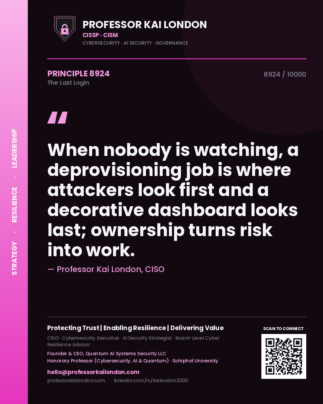 Professor Kai London principle 8924: When nobody is watching, a deprovisioning job is where attackers look first and a decorative dashboard looks last; ownership turns risk into work.