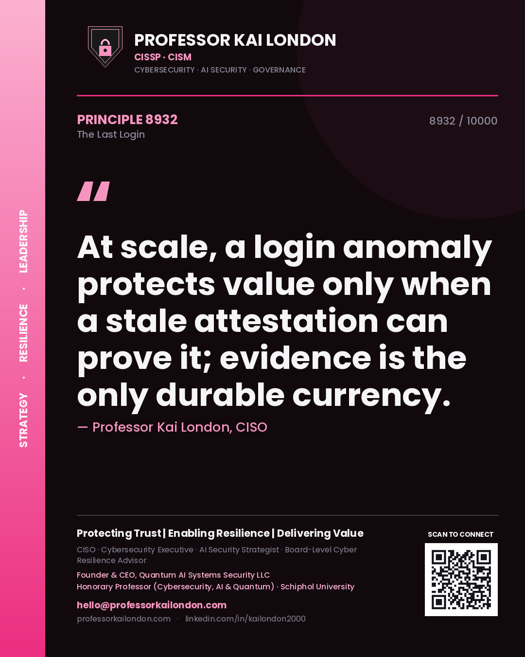 Quote card by Professor Kai London reading 'At scale, a login anomaly protects value only when a stale attestation can prove it; evidence is the only durable currency.'. From the book The Last Login.