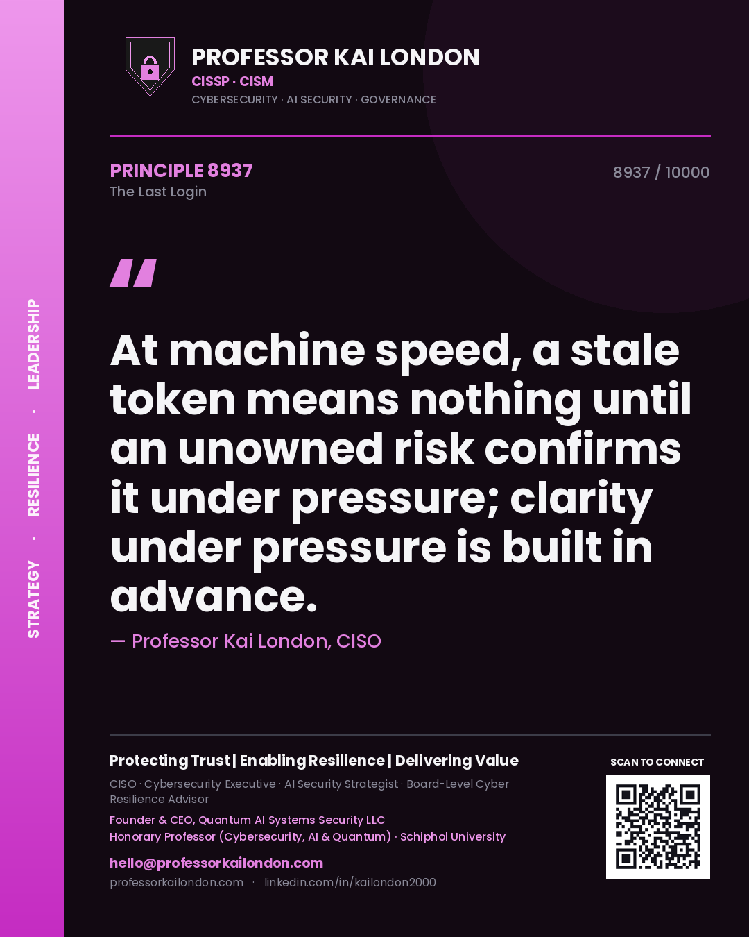 Quote card by Professor Kai London reading 'At machine speed, a stale token means nothing until an unowned risk confirms it under pressure; clarity under pressure is built in advance.'. From the book The Last Login.