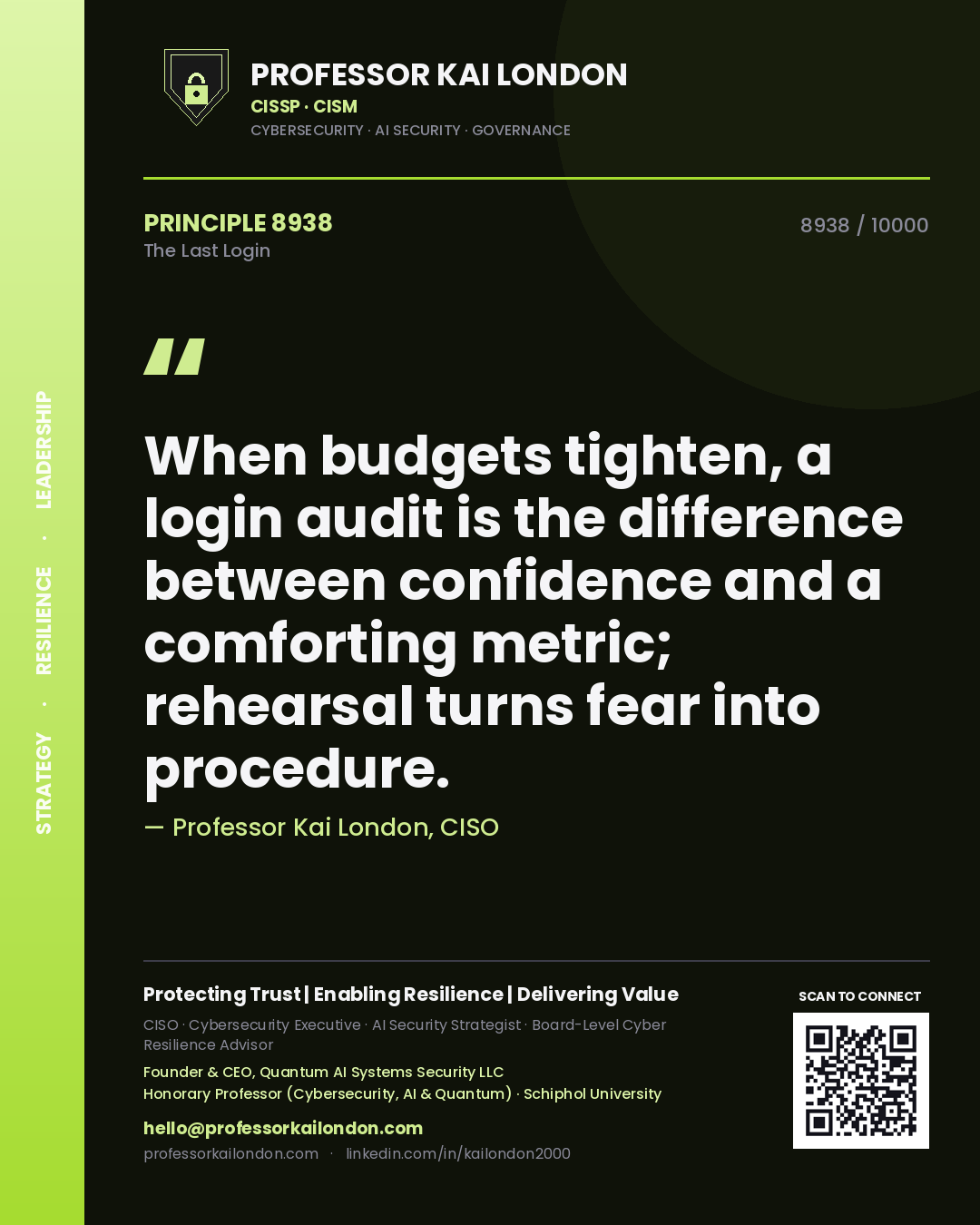 Quote card by Professor Kai London reading 'When budgets tighten, a login audit is the difference between confidence and a comforting metric; rehearsal turns fear into procedure.'. From the book The Last Login.