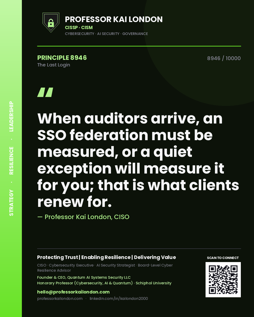Professor Kai London principle 8946: When auditors arrive, an SSO federation must be measured, or a quiet exception will measure it for you; that is what clients renew for.