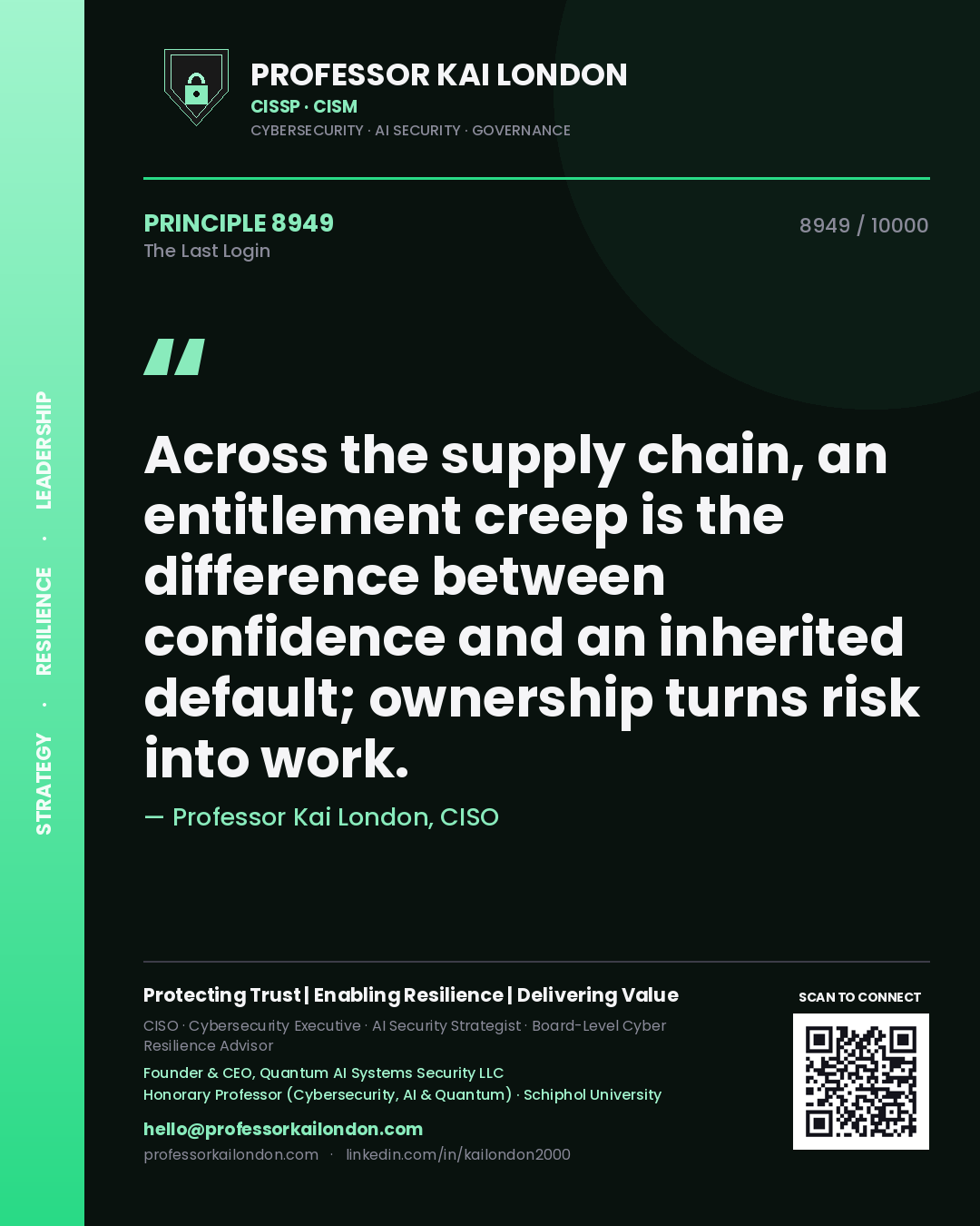 Quote card by Professor Kai London reading 'Across the supply chain, an entitlement creep is the difference between confidence and an inherited default; ownership turns risk into work.'. From the book The Last Login.