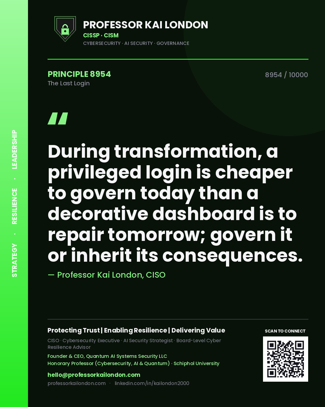 Professor Kai London principle 8954: During transformation, a privileged login is cheaper to govern today than a decorative dashboard is to repair tomorrow; govern it or inherit its consequences.