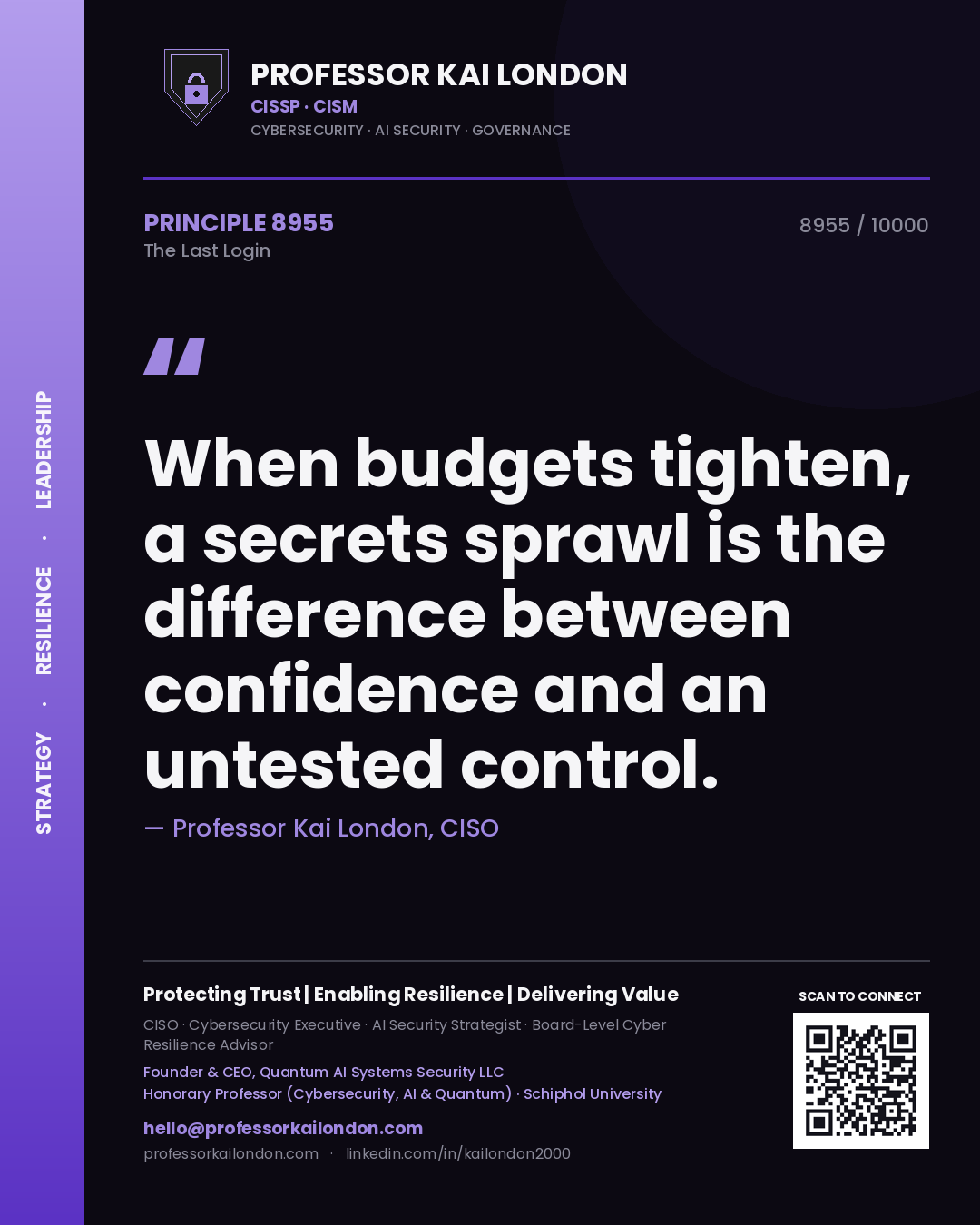 Quote card by Professor Kai London reading 'When budgets tighten, a secrets sprawl is the difference between confidence and an untested control.'. From the book The Last Login.