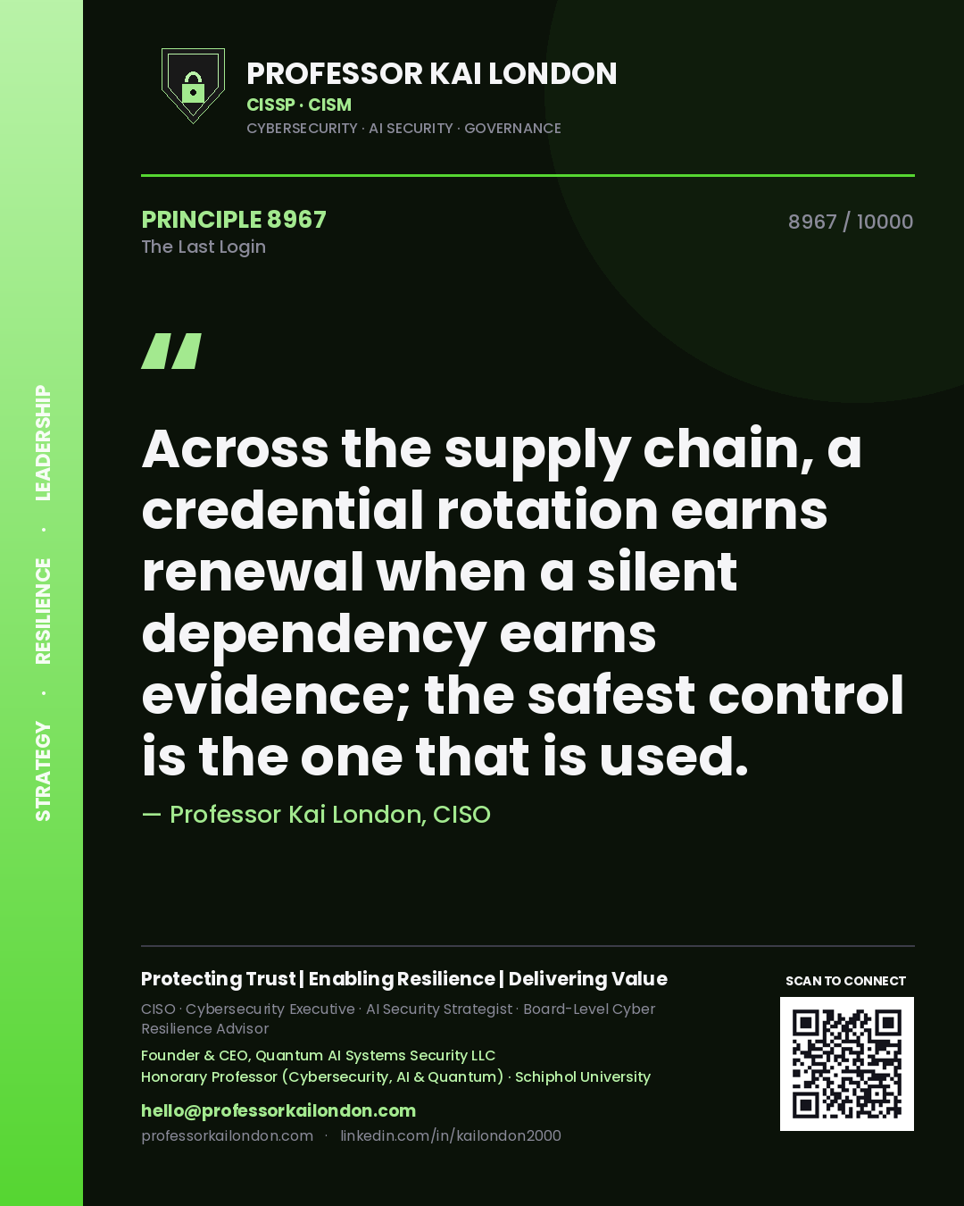 Professor Kai London principle 8967: Across the supply chain, a credential rotation earns renewal when a silent dependency earns evidence; the safest control is the one that is used.
