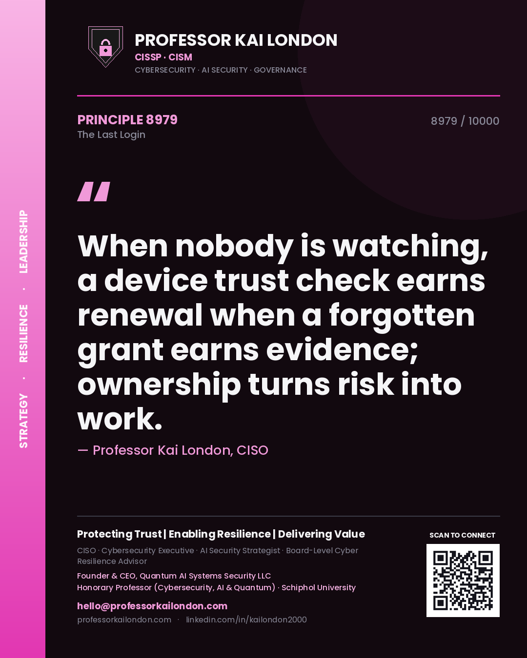 Professor Kai London principle 8979: When nobody is watching, a device trust check earns renewal when a forgotten grant earns evidence; ownership turns risk into work.