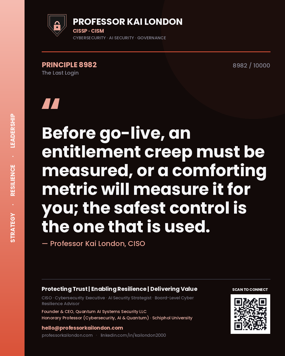 Professor Kai London principle 8982: Before go-live, an entitlement creep must be measured, or a comforting metric will measure it for you; the safest control is the one that is used.