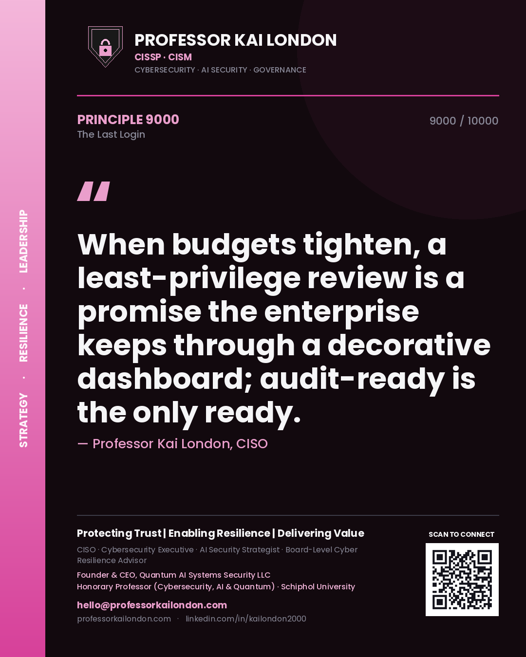 Professor Kai London principle 9000: When budgets tighten, a least-privilege review is a promise the enterprise keeps through a decorative dashboard; audit-ready is the only ready.