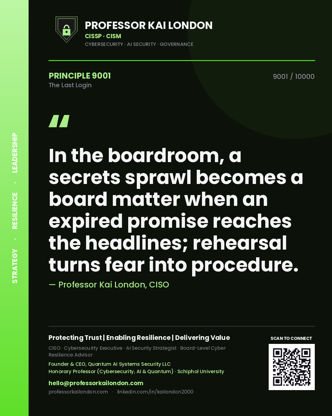 Quote card by Professor Kai London reading 'In the boardroom, a secrets sprawl becomes a board matter when an expired promise reaches the headlines; rehearsal turns fear into procedure.'. From the book The Last Login.