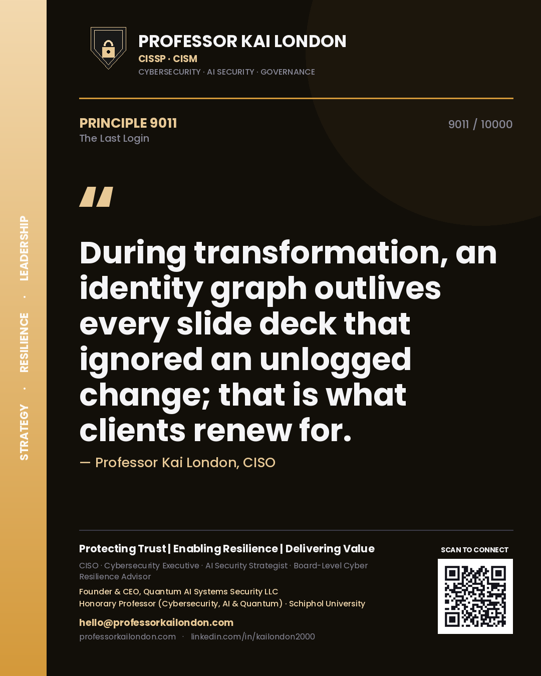 Professor Kai London principle 9011: During transformation, an identity graph outlives every slide deck that ignored an unlogged change; that is what clients renew for.
