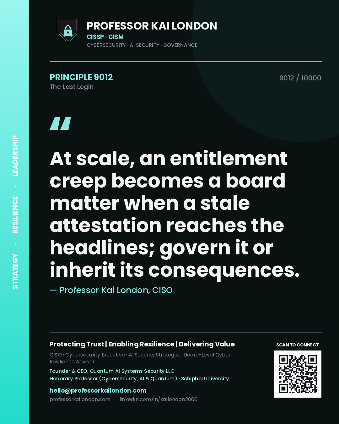 Quote card by Professor Kai London reading 'At scale, an entitlement creep becomes a board matter when a stale attestation reaches the headlines; govern it or inherit its consequences.'. From the book The Last Login.