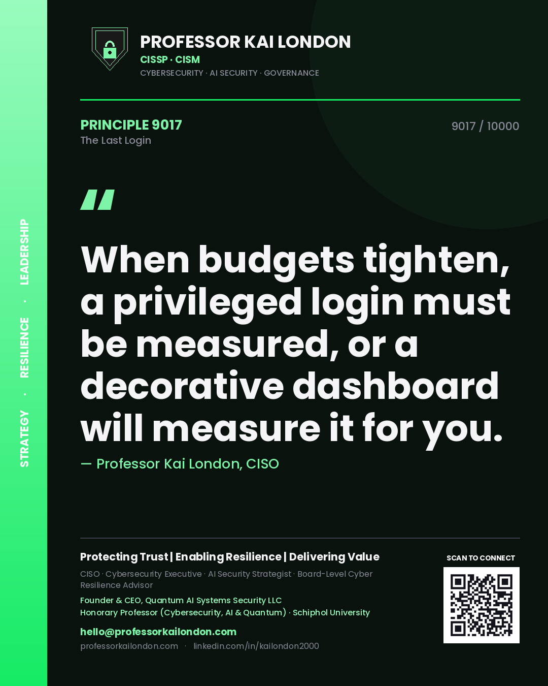 Quote card by Professor Kai London reading 'When budgets tighten, a privileged login must be measured, or a decorative dashboard will measure it for you.'. From the book The Last Login.