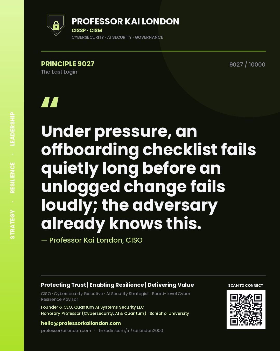 Quote card by Professor Kai London reading 'Under pressure, an offboarding checklist fails quietly long before an unlogged change fails loudly; the adversary already knows this.'. From the book The Last Login.