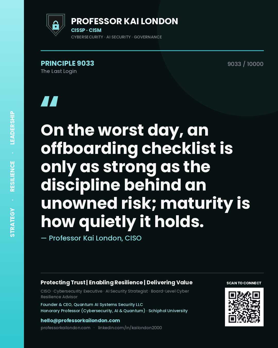 Quote card by Professor Kai London reading 'On the worst day, an offboarding checklist is only as strong as the discipline behind an unowned risk; maturity is how quietly it holds.'. From the book The Last Login.