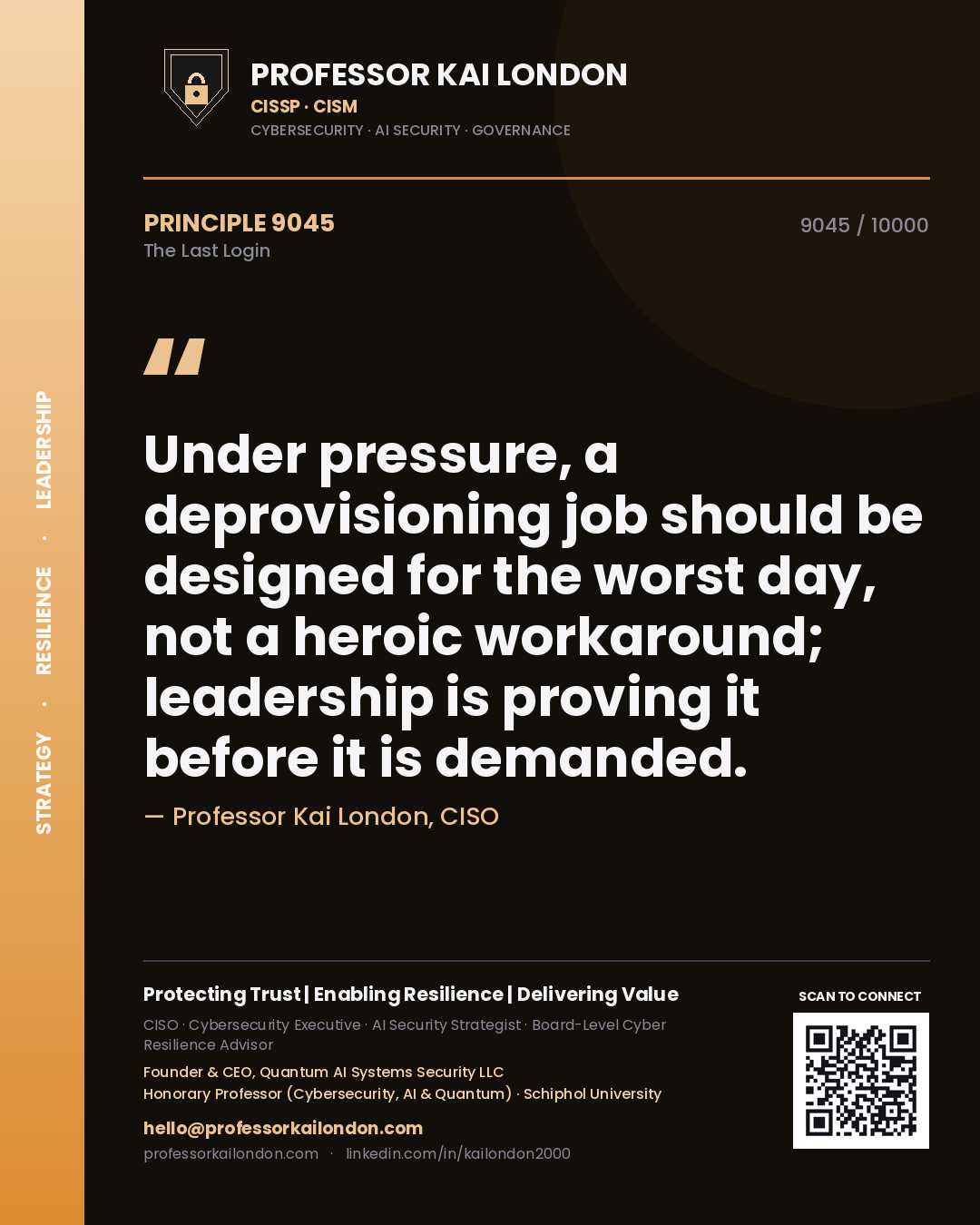 Professor Kai London principle 9045: Under pressure, a deprovisioning job should be designed for the worst day, not a heroic workaround; leadership is proving it before it is demanded.