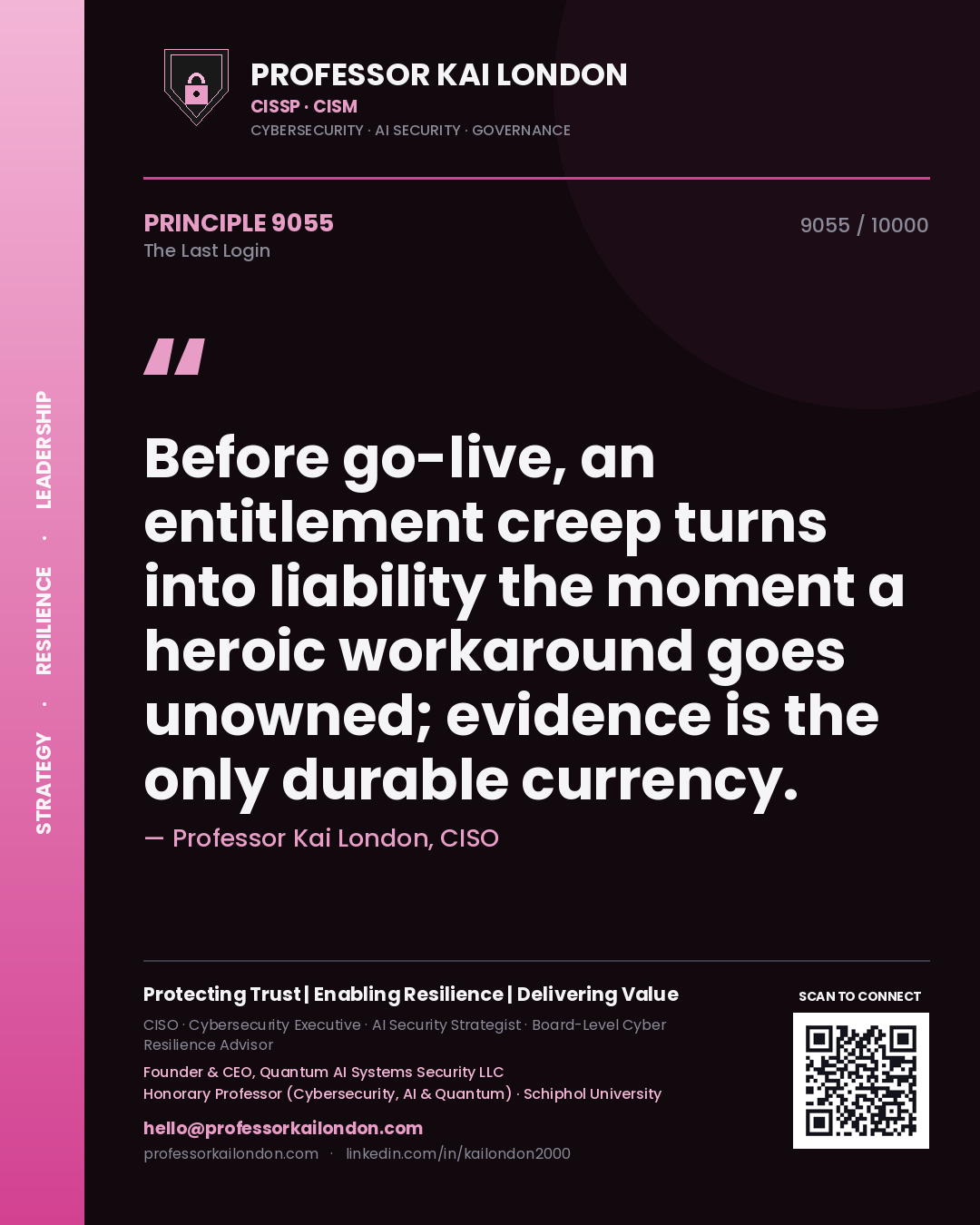 Professor Kai London principle 9055: Before go-live, an entitlement creep turns into liability the moment a heroic workaround goes unowned; evidence is the only durable currency.