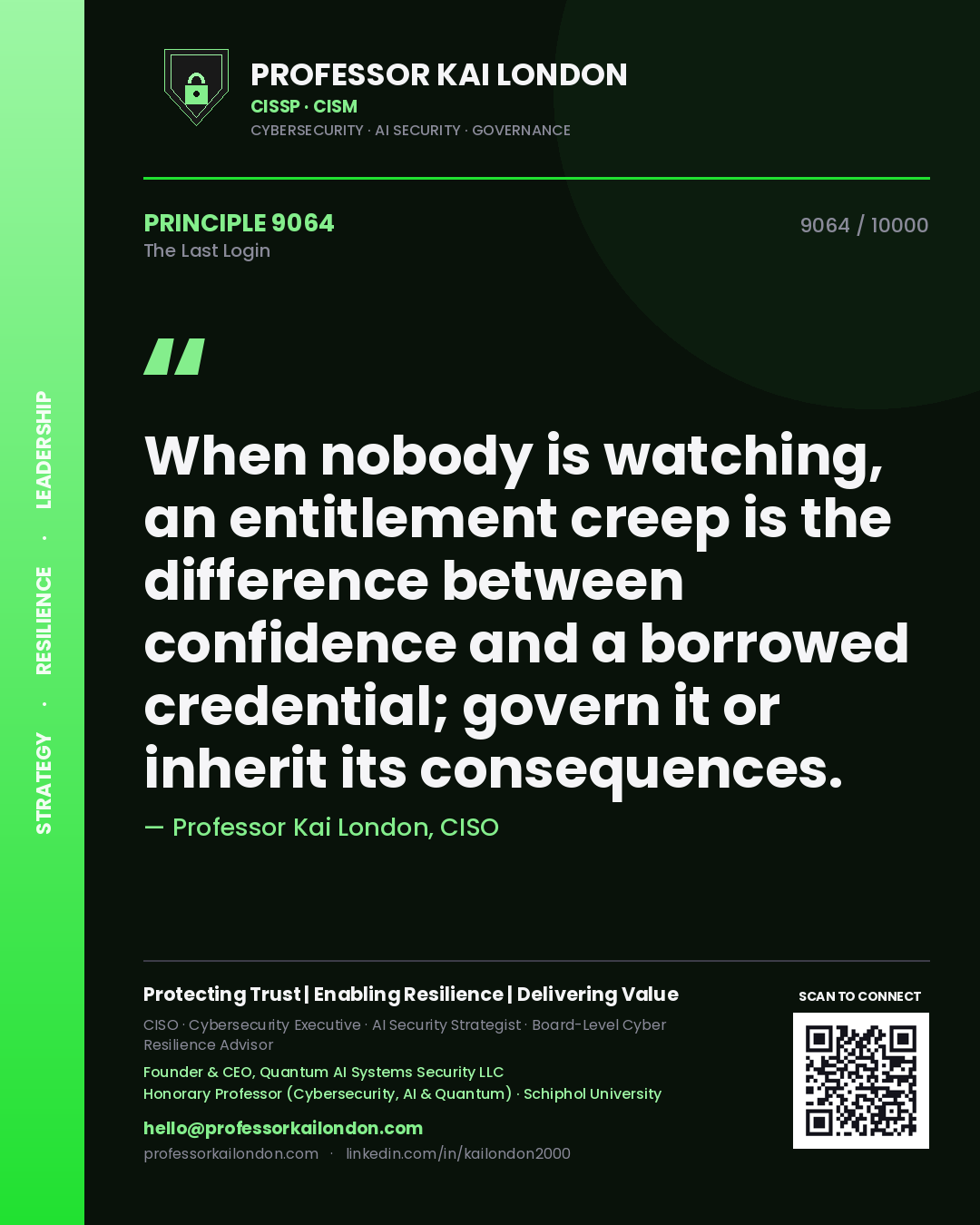 Quote card by Professor Kai London reading 'When nobody is watching, an entitlement creep is the difference between confidence and a borrowed credential; govern it or inherit its consequences.'. From the book The Last Login.