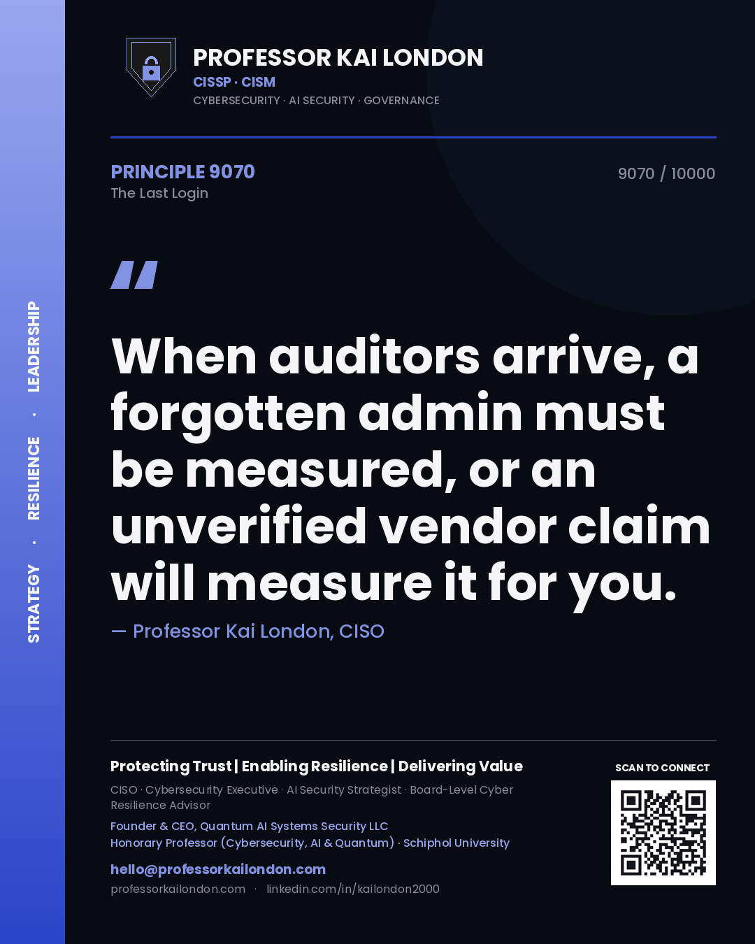 Professor Kai London principle 9070: When auditors arrive, a forgotten admin must be measured, or an unverified vendor claim will measure it for you.