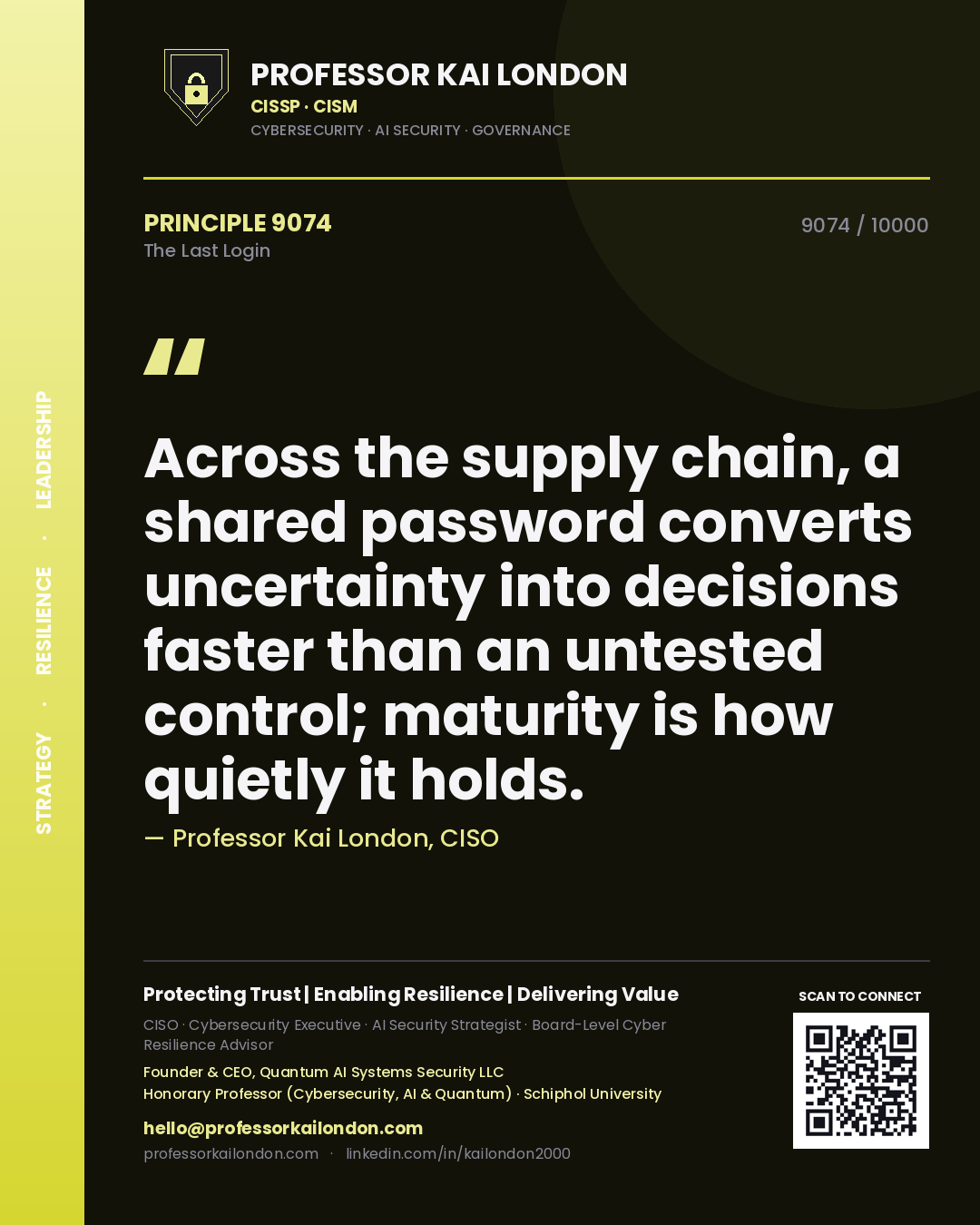 Professor Kai London principle 9074: Across the supply chain, a shared password converts uncertainty into decisions faster than an untested control; maturity is how quietly it holds.