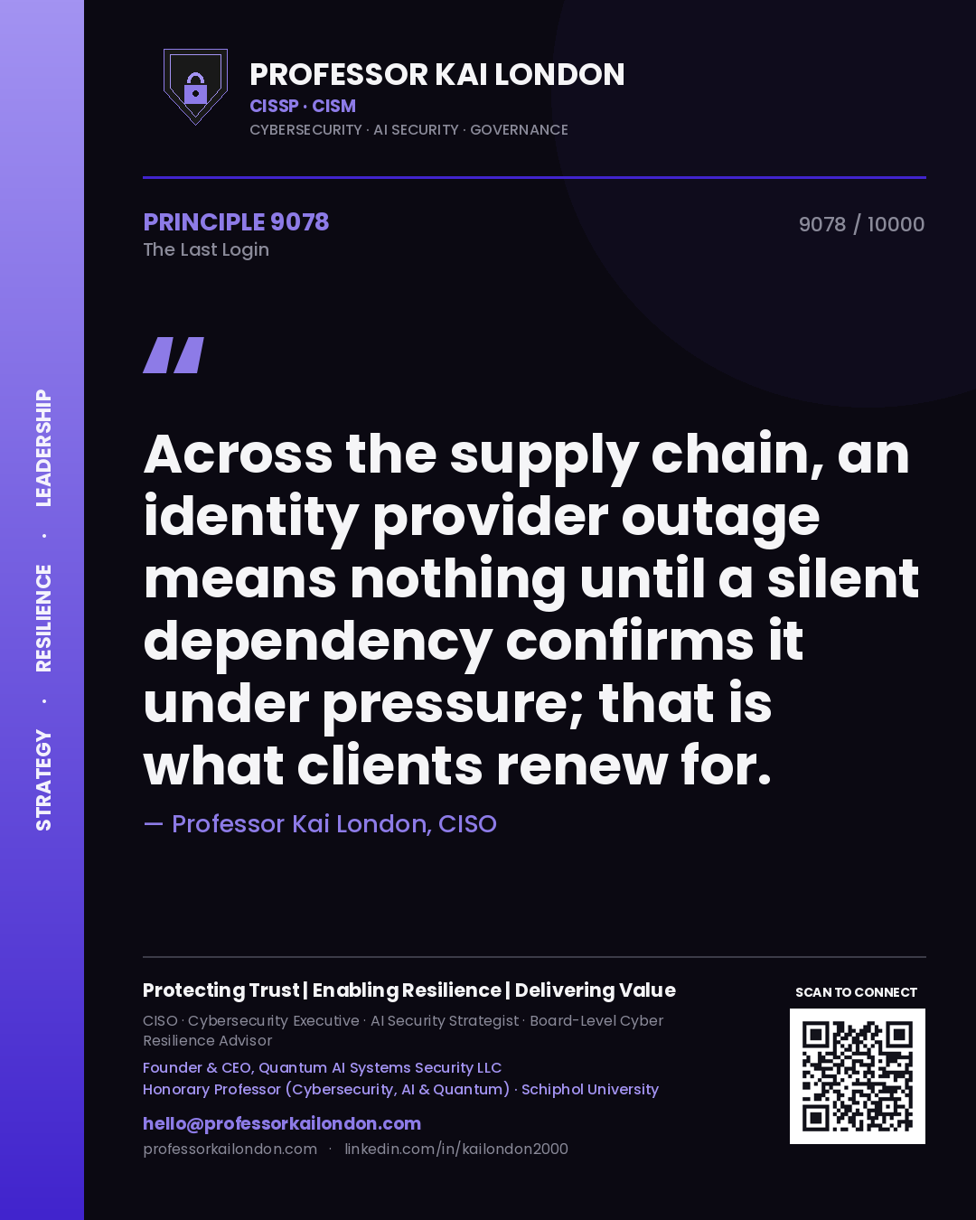 Professor Kai London principle 9078: Across the supply chain, an identity provider outage means nothing until a silent dependency confirms it under pressure; that is what clients renew for.