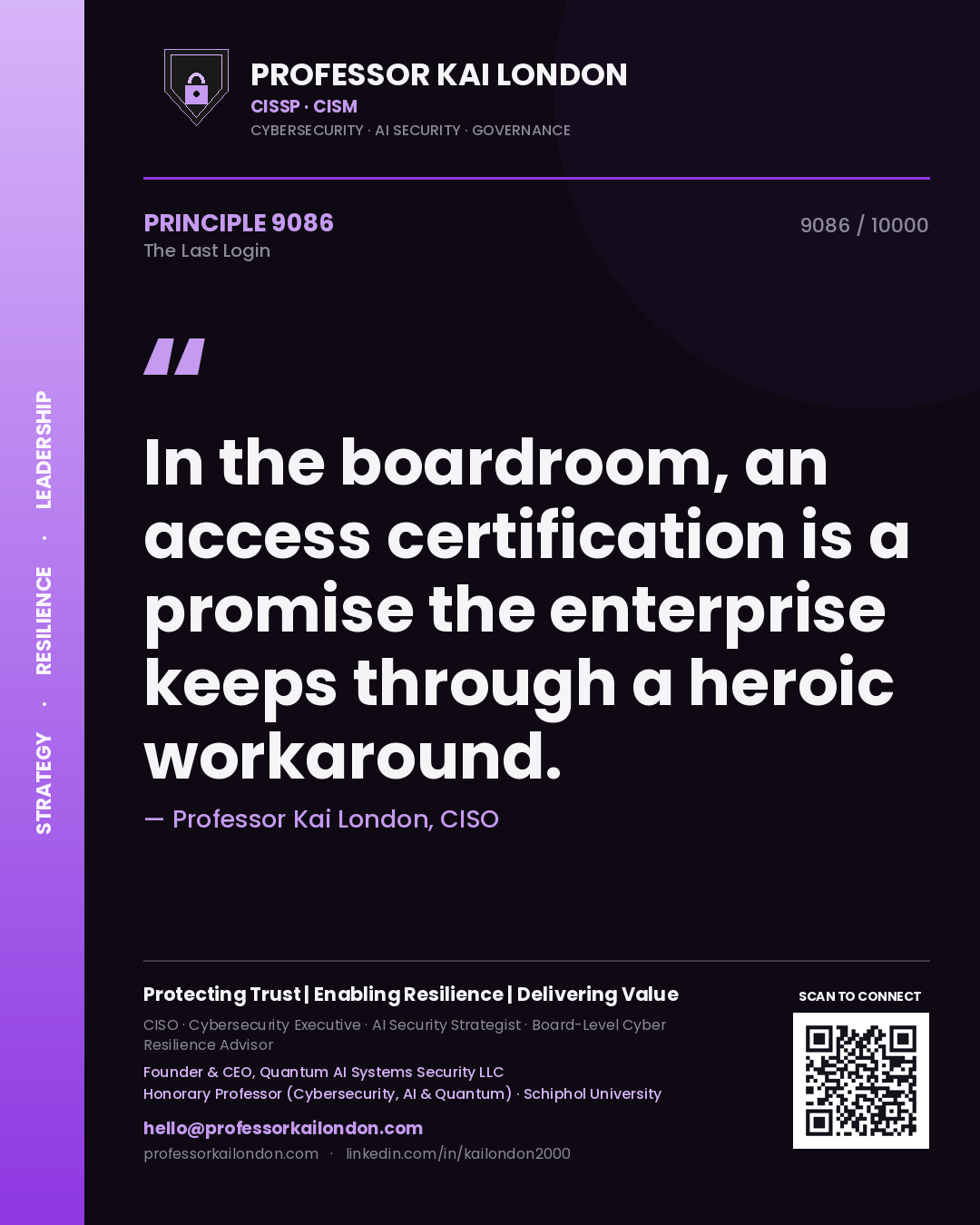 Professor Kai London principle 9086: In the boardroom, an access certification is a promise the enterprise keeps through a heroic workaround.