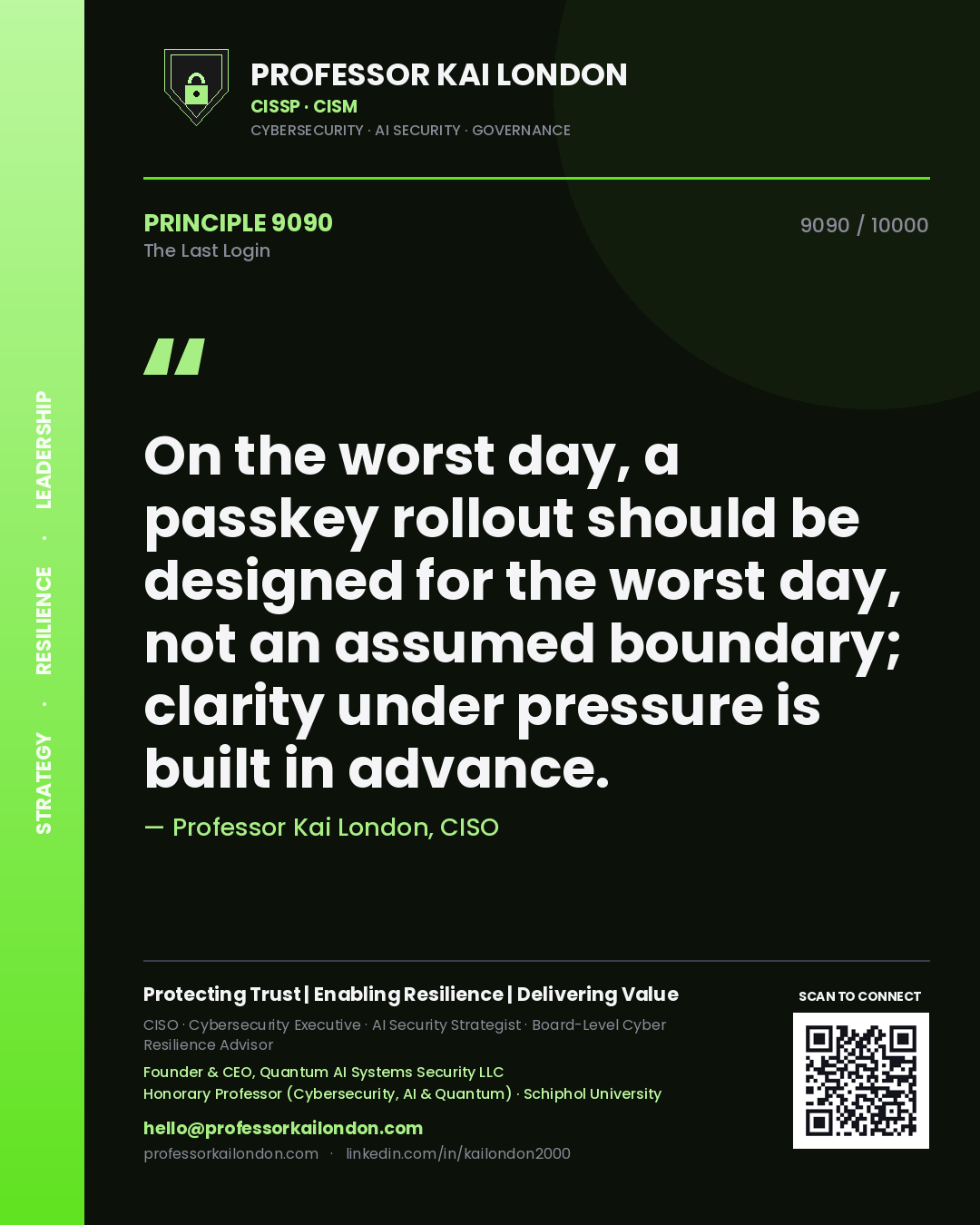 Professor Kai London principle 9090: On the worst day, a passkey rollout should be designed for the worst day, not an assumed boundary; clarity under pressure is built in advance.