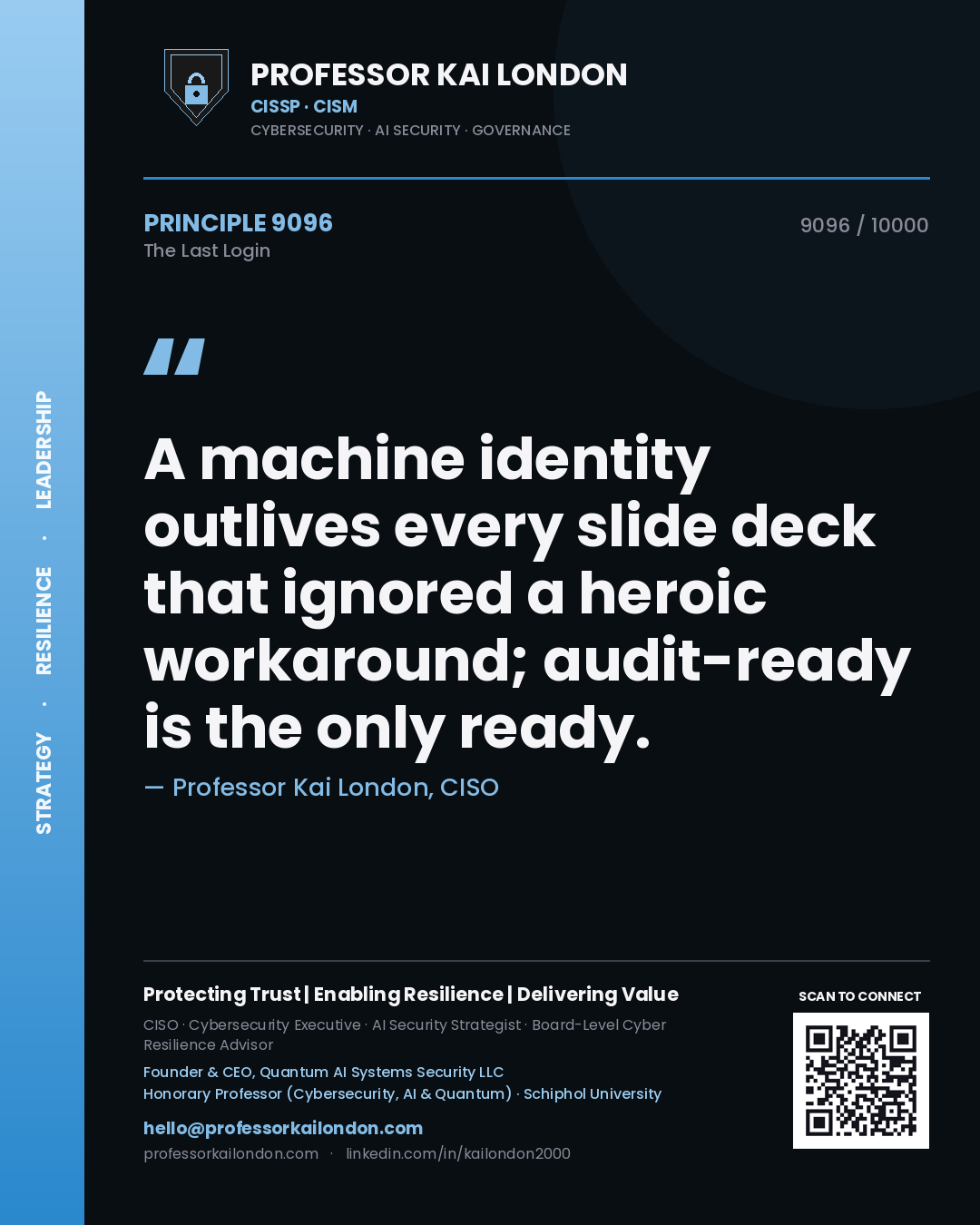 Quote card by Professor Kai London reading 'A machine identity outlives every slide deck that ignored a heroic workaround; audit-ready is the only ready.'. From the book The Last Login.