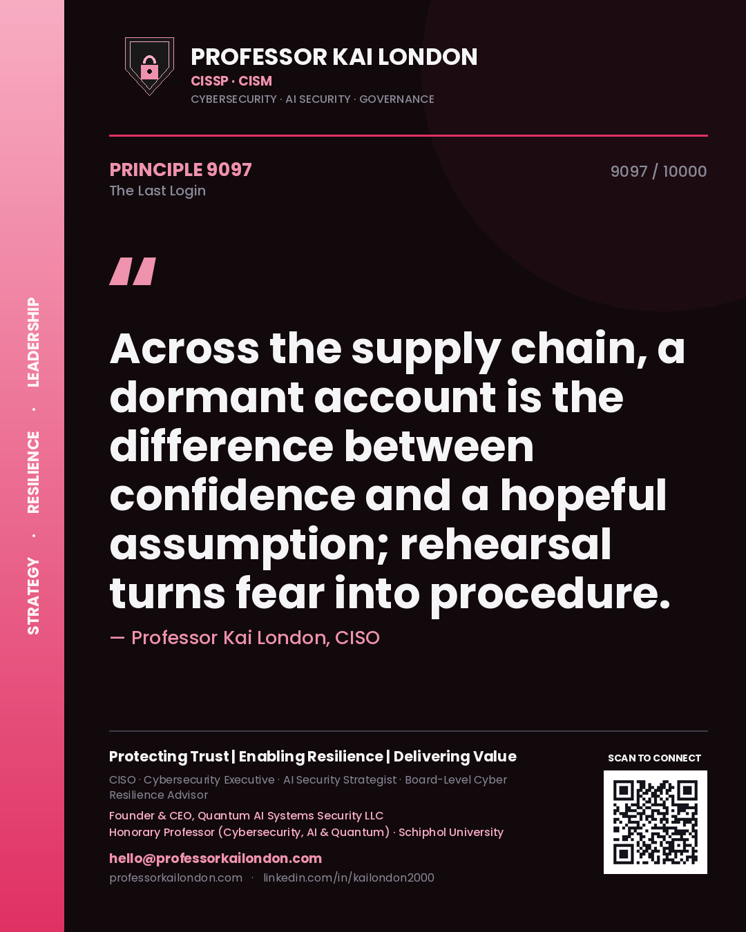Quote card by Professor Kai London reading 'Across the supply chain, a dormant account is the difference between confidence and a hopeful assumption; rehearsal turns fear into procedure.'. From the book The Last Login.