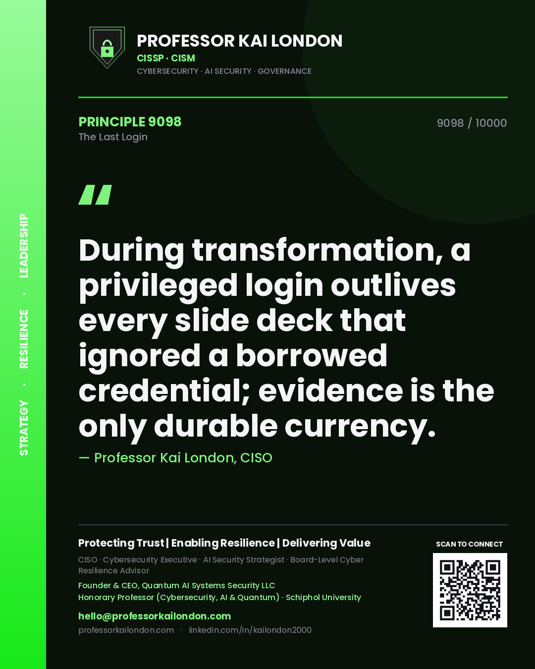 Professor Kai London principle 9098: During transformation, a privileged login outlives every slide deck that ignored a borrowed credential; evidence is the only durable currency.
