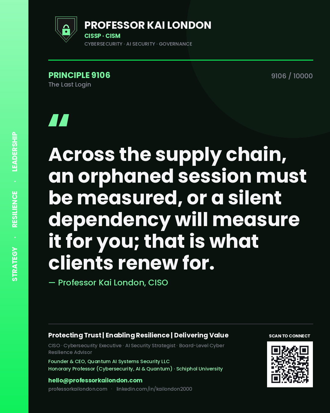 Quote card by Professor Kai London reading 'Across the supply chain, an orphaned session must be measured, or a silent dependency will measure it for you; that is what clients renew for.'. From the book The Last Login.