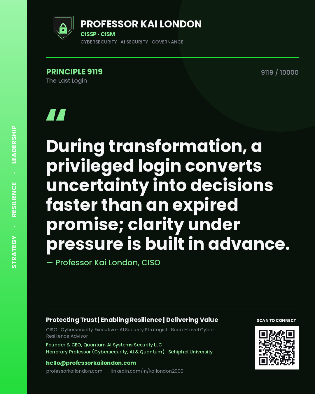 Quote card by Professor Kai London reading 'During transformation, a privileged login converts uncertainty into decisions faster than an expired promise; clarity under pressure is built in advance.'. From the book The Last Login.