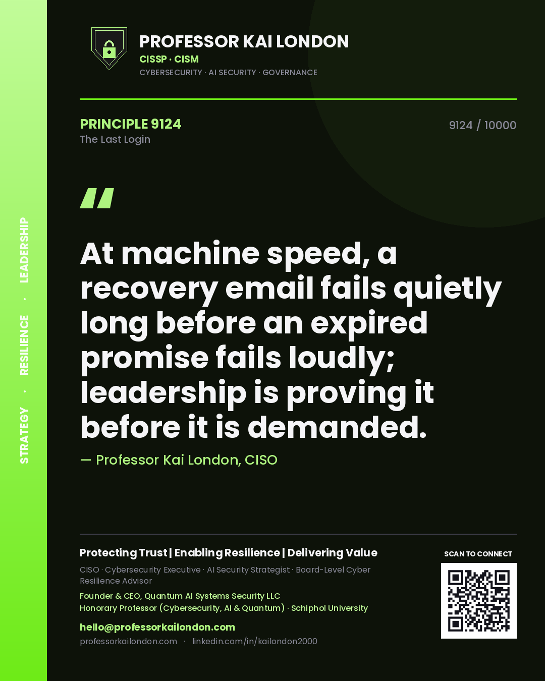 Quote card by Professor Kai London reading 'At machine speed, a recovery email fails quietly long before an expired promise fails loudly; leadership is proving it before it is demanded.'. From the book The Last Login.