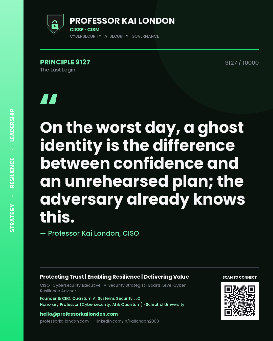 Quote card by Professor Kai London reading 'On the worst day, a ghost identity is the difference between confidence and an unrehearsed plan; the adversary already knows this.'. From the book The Last Login.