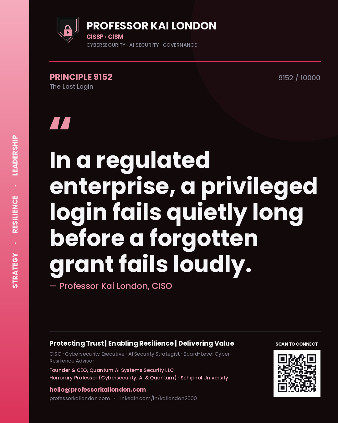 Quote card by Professor Kai London reading 'In a regulated enterprise, a privileged login fails quietly long before a forgotten grant fails loudly.'. From the book The Last Login.